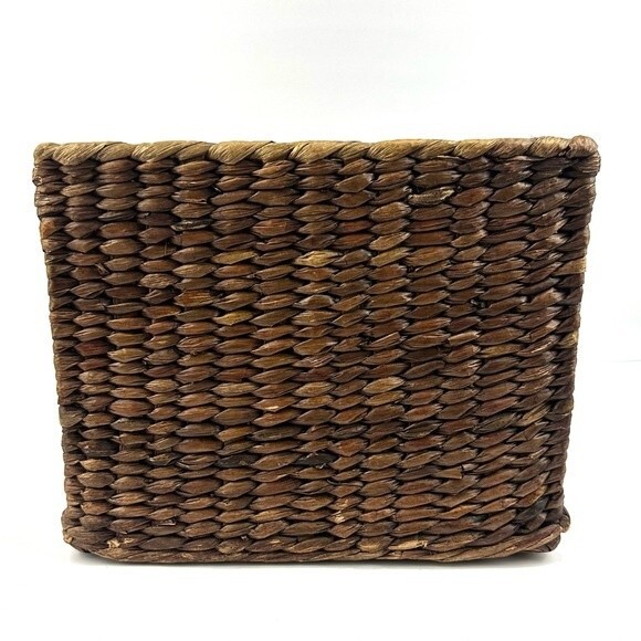 Square Brown Wicker Basket with Leather Handles 10.5” x 8.5” - Picture 4 of 9
